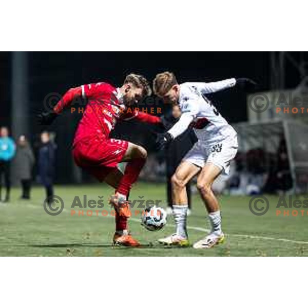 Domen Zajsek vs Mark Strajnar in action during Prva liga Telemach 2025/26 football match between NK Aluminij and NK Primorje in Sportni park Kidricevo, Slovenia on November 28, 2025. Photo: Jure Banfi