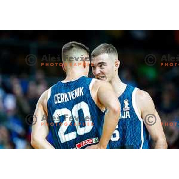 Ziga Samar and Miha Cerkvenik of Slovenia during FIBA Basketball World Cup 2027 European Qualifiers between Slovenia and Estonia in Bonifika Hall, Koper, Slovenia on November 28, 2025