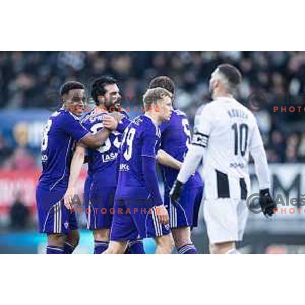 Teva Gardies and Ali Reghba celebrate goal during Prva liga Telemach 2025/26 football match between NK Mura and NK Maribor in Fazanerija, Murska Sobota, Slovenia on November 29, 2025. Photo: Jure Banfi