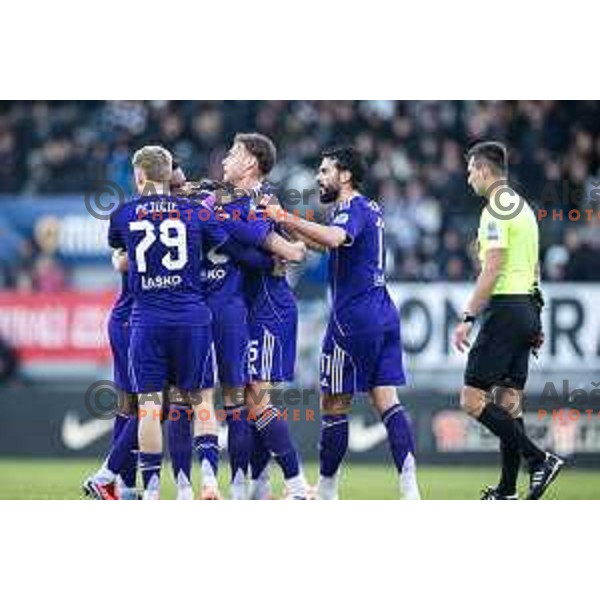 Pijus Sirvys and Ali Reghba celebrate goal during Prva liga Telemach 2025/26 football match between NK Mura and NK Maribor in Fazanerija, Murska Sobota, Slovenia on November 29, 2025. Photo: Jure Banfi