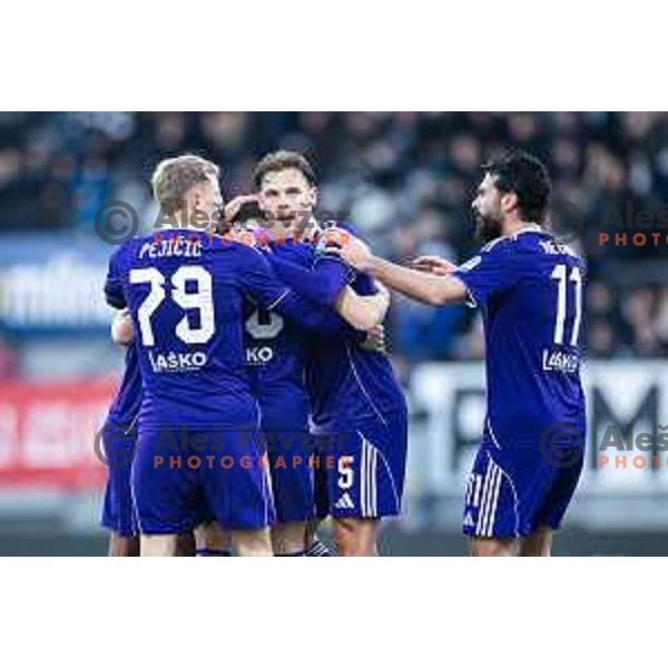 Pijus Sirvys and Ali Reghba celebrate goal during Prva liga Telemach 2025/26 football match between NK Mura and NK Maribor in Fazanerija, Murska Sobota, Slovenia on November 29, 2025. Photo: Jure Banfi