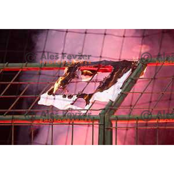 Viole burning NK Mura emblem during Prva liga Telemach 2025/26 football match between NK Mura and NK Maribor in Fazanerija, Murska Sobota, Slovenia on November 29, 2025. Photo: Jure Banfi