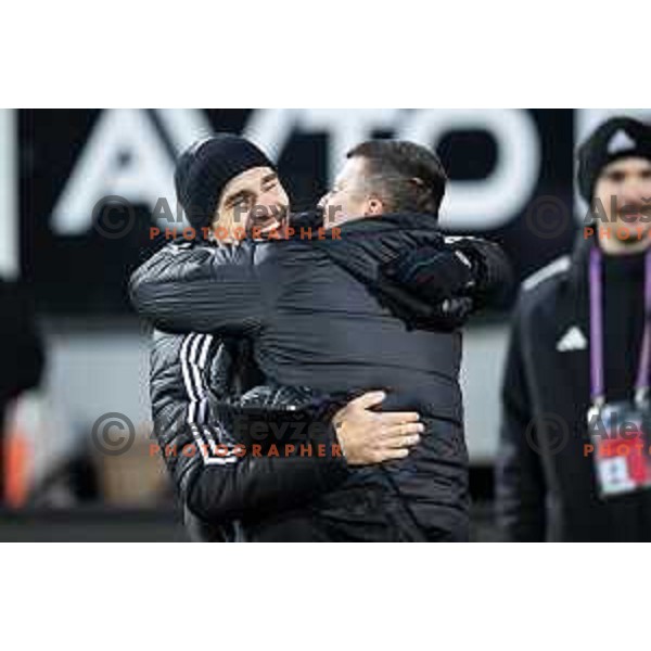 Blaz Vrhovec and Feda Dudic, head coach of NK Maribor celebrates victory after winning Prva liga Telemach 2025/26 football match between NK Mura and NK Maribor in Fazanerija, Murska Sobota, Slovenia on November 29, 2025. Photo: Jure Banfi