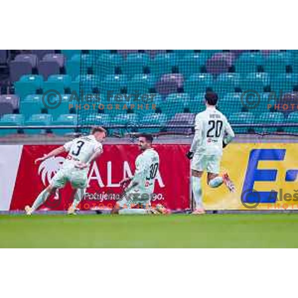 Jan Gorenc and players of Olimpija celebrate a goal during Prva liga Telemach 2025/2026 football match between Olimpija and Kalcer Radomlje in SRC Stozice, Ljubljana, Slovenia on Novermber 29, 2025