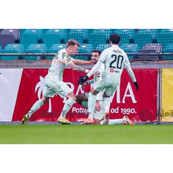 Jan Gorenc and players of Olimpija celebrate a goal during Prva liga Telemach 2025/2026 football match between Olimpija and Kalcer Radomlje in SRC Stozice, Ljubljana, Slovenia on Novermber 29, 2025