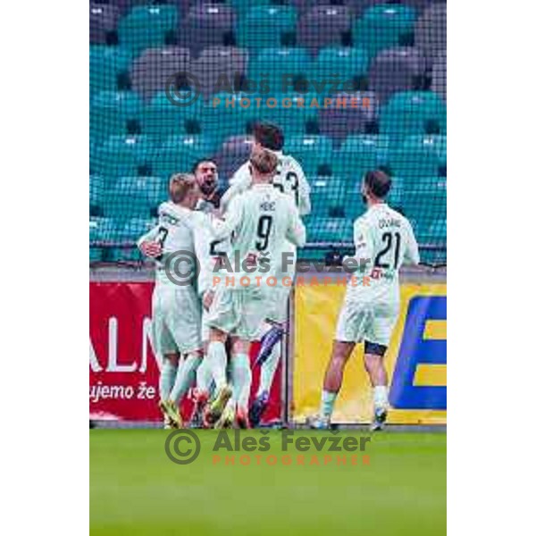 Jan Gorenc and players of Olimpija celebrate a goal during Prva liga Telemach 2025/2026 football match between Olimpija and Kalcer Radomlje in SRC Stozice, Ljubljana, Slovenia on Novermber 29, 2025