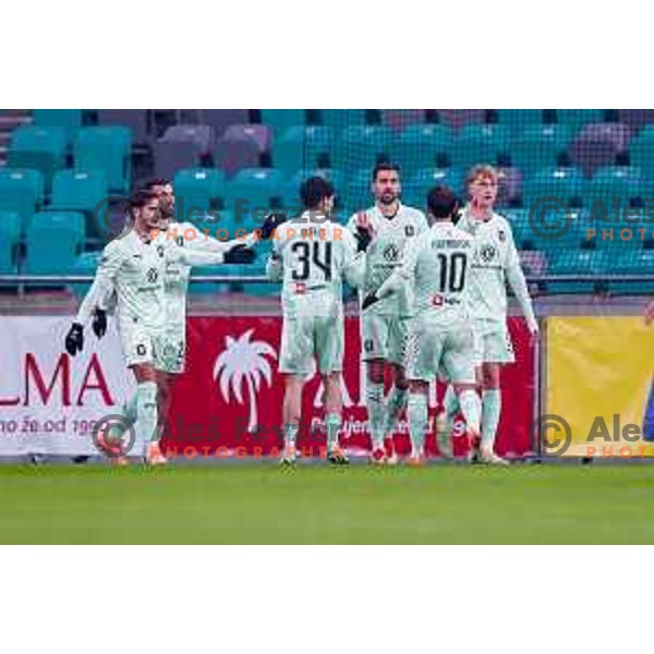 Jan Gorenc and players of Olimpija celebrate a goal during Prva liga Telemach 2025/2026 football match between Olimpija and Kalcer Radomlje in SRC Stozice, Ljubljana, Slovenia on Novermber 29, 2025