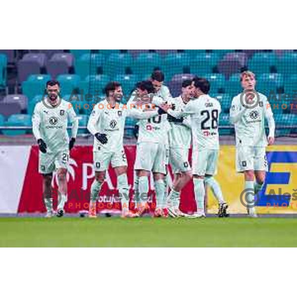 Jan Gorenc and players of Olimpija celebrate a goal during Prva liga Telemach 2025/2026 football match between Olimpija and Kalcer Radomlje in SRC Stozice, Ljubljana, Slovenia on Novermber 29, 2025