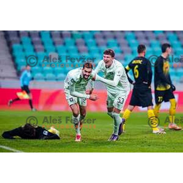 Jan Gorenc and players of Olimpija celebrate a goal during Prva liga Telemach 2025/2026 football match between Olimpija and Kalcer Radomlje in SRC Stozice, Ljubljana, Slovenia on Novermber 29, 2025