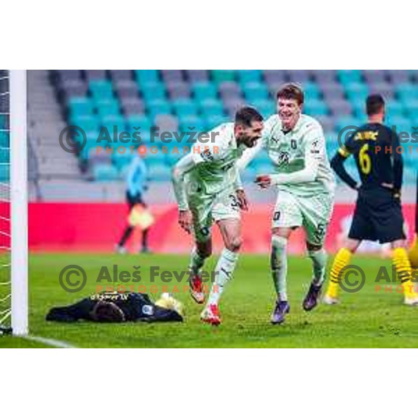 Jan Gorenc and players of Olimpija celebrate a goal during Prva liga Telemach 2025/2026 football match between Olimpija and Kalcer Radomlje in SRC Stozice, Ljubljana, Slovenia on Novermber 29, 2025