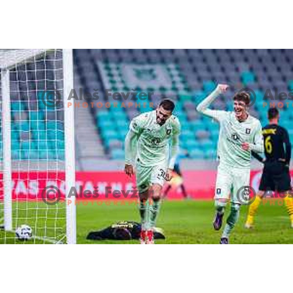 Jan Gorenc and players of Olimpija celebrate a goal during Prva liga Telemach 2025/2026 football match between Olimpija and Kalcer Radomlje in SRC Stozice, Ljubljana, Slovenia on Novermber 29, 2025