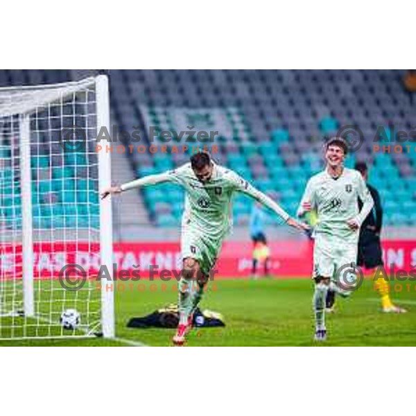 Jan Gorenc and players of Olimpija celebrate a goal during Prva liga Telemach 2025/2026 football match between Olimpija and Kalcer Radomlje in SRC Stozice, Ljubljana, Slovenia on Novermber 29, 2025