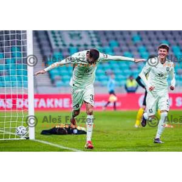 Jan Gorenc and players of Olimpija celebrate a goal during Prva liga Telemach 2025/2026 football match between Olimpija and Kalcer Radomlje in SRC Stozice, Ljubljana, Slovenia on Novermber 29, 2025