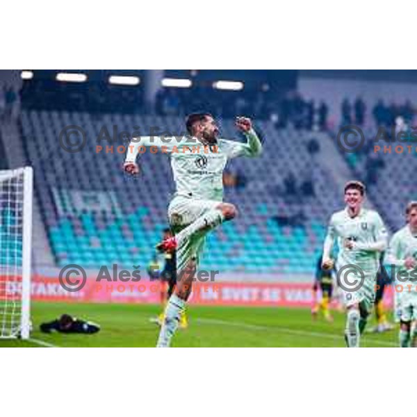 Jan Gorenc and players of Olimpija celebrate a goal during Prva liga Telemach 2025/2026 football match between Olimpija and Kalcer Radomlje in SRC Stozice, Ljubljana, Slovenia on Novermber 29, 2025