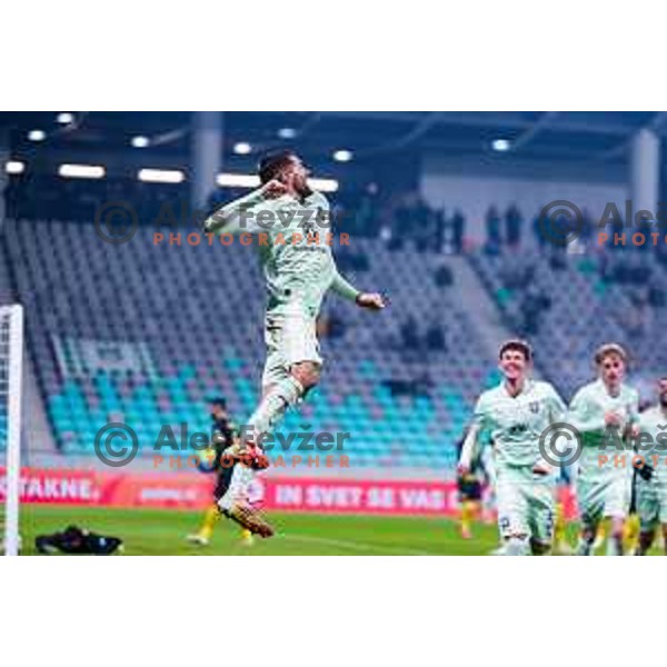 Jan Gorenc and players of Olimpija celebrate a goal during Prva liga Telemach 2025/2026 football match between Olimpija and Kalcer Radomlje in SRC Stozice, Ljubljana, Slovenia on Novermber 29, 2025