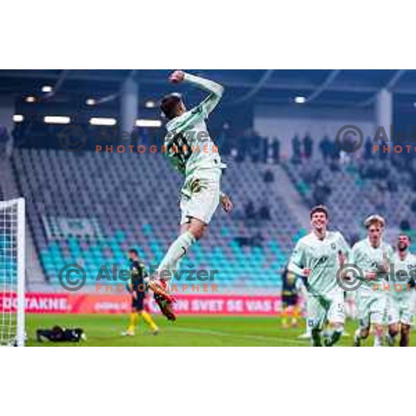 Jan Gorenc and players of Olimpija celebrate a goal during Prva liga Telemach 2025/2026 football match between Olimpija and Kalcer Radomlje in SRC Stozice, Ljubljana, Slovenia on Novermber 29, 2025