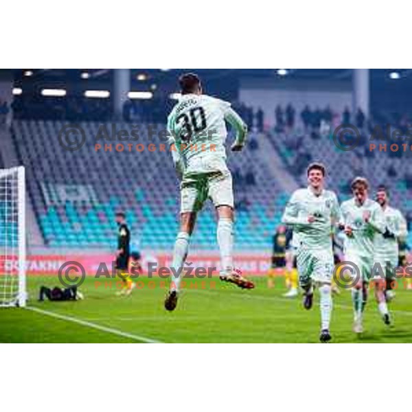 Jan Gorenc and players of Olimpija celebrate a goal during Prva liga Telemach 2025/2026 football match between Olimpija and Kalcer Radomlje in SRC Stozice, Ljubljana, Slovenia on Novermber 29, 2025