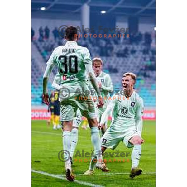 Jan Gorenc and players of Olimpija celebrate a goal during Prva liga Telemach 2025/2026 football match between Olimpija and Kalcer Radomlje in SRC Stozice, Ljubljana, Slovenia on Novermber 29, 2025