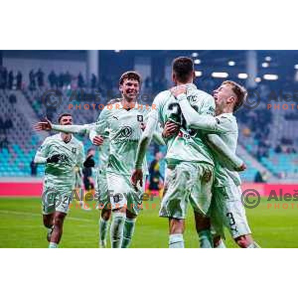 Jan Gorenc and players of Olimpija celebrate a goal during Prva liga Telemach 2025/2026 football match between Olimpija and Kalcer Radomlje in SRC Stozice, Ljubljana, Slovenia on Novermber 29, 2025
