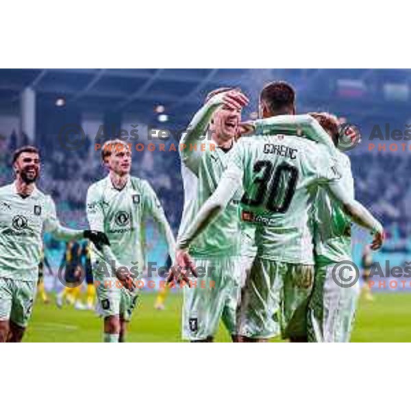 Jan Gorenc and players of Olimpija celebrate a goal during Prva liga Telemach 2025/2026 football match between Olimpija and Kalcer Radomlje in SRC Stozice, Ljubljana, Slovenia on Novermber 29, 2025
