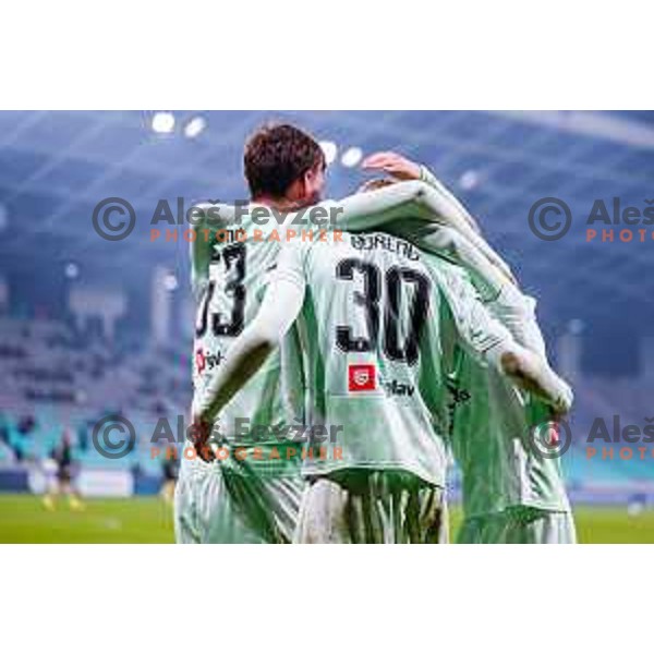 Jan Gorenc and players of Olimpija celebrate a goal during Prva liga Telemach 2025/2026 football match between Olimpija and Kalcer Radomlje in SRC Stozice, Ljubljana, Slovenia on Novermber 29, 2025