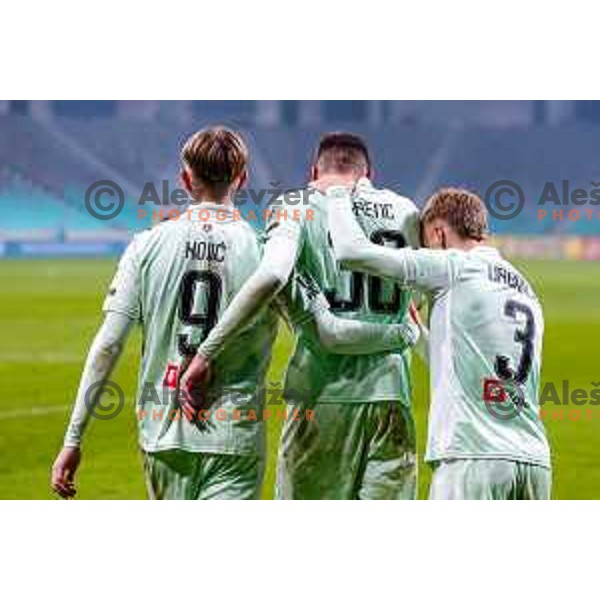 Jan Gorenc and players of Olimpija celebrate a goal during Prva liga Telemach 2025/2026 football match between Olimpija and Kalcer Radomlje in SRC Stozice, Ljubljana, Slovenia on Novermber 29, 2025