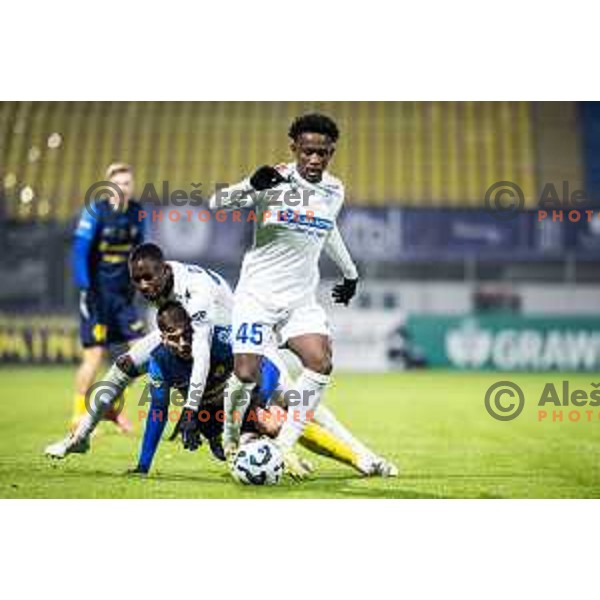 Check Oumar Diakite and Isaac Matondo vs Ivica Vidovic in action during Prva liga Telemach 2025/26 football match between NK Celje and NK Koper in Stadion z’dezele, Celje, Slovenia on November 30, 2025. Photo: Jure Banfi