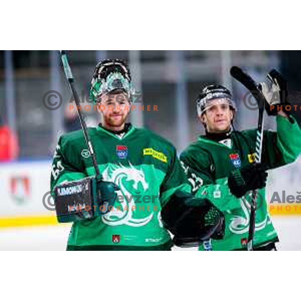 Lukas Horak of SZ Olimpija celebrates victory at IceHL 2025/2026 ice-hockey match between SZ Olimpija and FTC Ferencvaros in Tivoli Hall, Ljubljana, Slovenia on November 30, 2025
