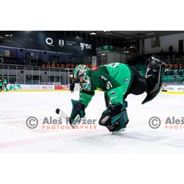 Lukas Horak of SZ Olimpija celebrates victory at IceHL 2025/2026 ice-hockey match between SZ Olimpija and FTC Ferencvaros in Tivoli Hall, Ljubljana, Slovenia on November 30, 2025