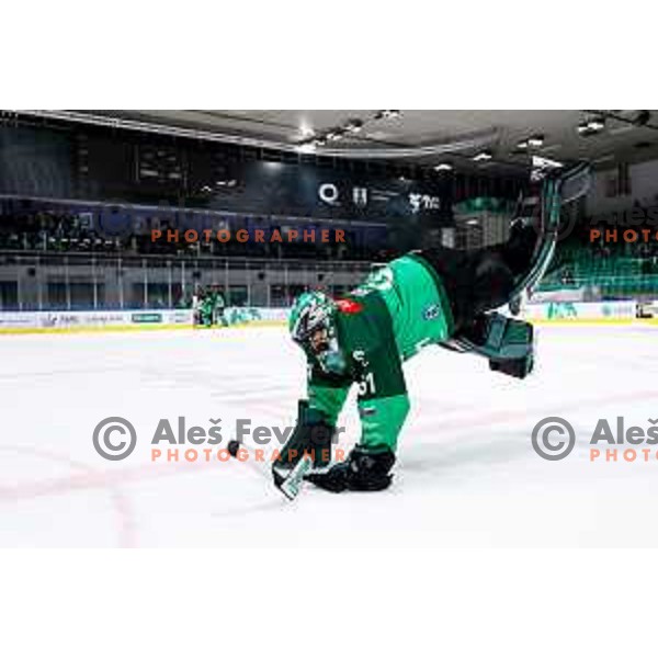 Lukas Horak of SZ Olimpija celebrates victory at IceHL 2025/2026 ice-hockey match between SZ Olimpija and FTC Ferencvaros in Tivoli Hall, Ljubljana, Slovenia on November 30, 2025