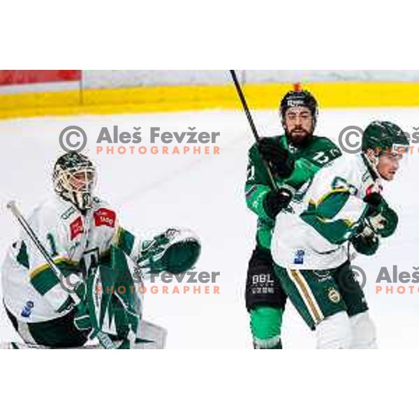 Nik Simsic of SZ Olimpija celebrates victory at IceHL 2025/2026 ice-hockey match between SZ Olimpija and FTC Ferencvaros in Tivoli Hall, Ljubljana, Slovenia on November 30, 2025