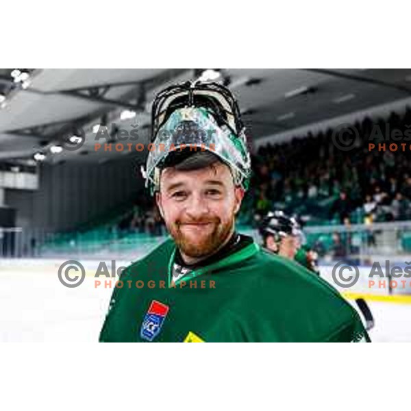 Lukas Horak of SZ Olimpija celebrates victory at IceHL 2025/2026 ice-hockey match between SZ Olimpija and FTC Ferencvaros in Tivoli Hall, Ljubljana, Slovenia on November 30, 2025