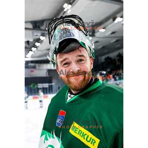 Lukas Horak of SZ Olimpija celebrates victory at IceHL 2025/2026 ice-hockey match between SZ Olimpija and FTC Ferencvaros in Tivoli Hall, Ljubljana, Slovenia on November 30, 2025