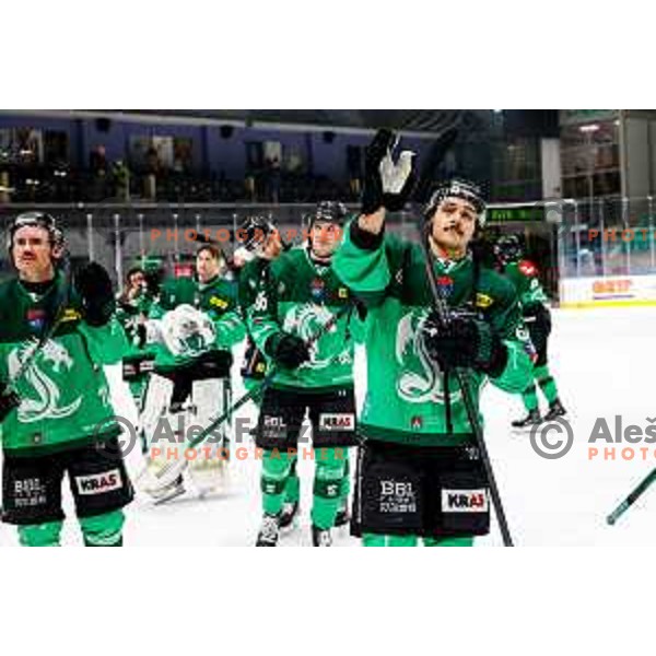 Marly Quince and players of SZ Olimpija celebrate victory at IceHL 2025/2026 ice-hockey match between SZ Olimpija and FTC Ferencvaros in Tivoli Hall, Ljubljana, Slovenia on November 30, 2025
