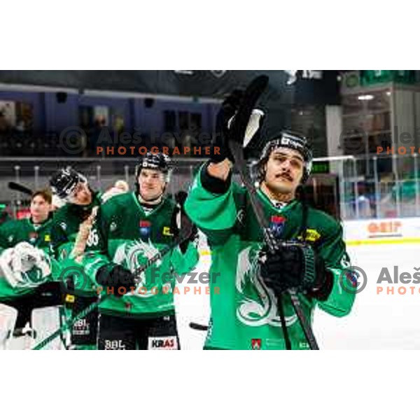 Marly Quince and players of SZ Olimpija celebrate victory at IceHL 2025/2026 ice-hockey match between SZ Olimpija and FTC Ferencvaros in Tivoli Hall, Ljubljana, Slovenia on November 30, 2025