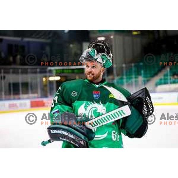 Lukas Horak of SZ Olimpija celebrates victory at IceHL 2025/2026 ice-hockey match between SZ Olimpija and FTC Ferencvaros in Tivoli Hall, Ljubljana, Slovenia on November 30, 2025