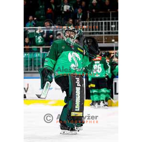 Lukas Horak of SZ Olimpija celebrates victory at IceHL 2025/2026 ice-hockey match between SZ Olimpija and FTC Ferencvaros in Tivoli Hall, Ljubljana, Slovenia on November 30, 2025