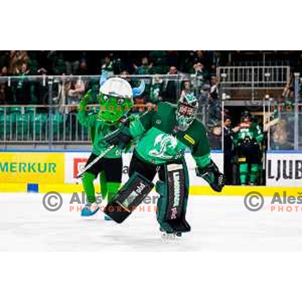 Lukas Horak of SZ Olimpija celebrates victory at IceHL 2025/2026 ice-hockey match between SZ Olimpija and FTC Ferencvaros in Tivoli Hall, Ljubljana, Slovenia on November 30, 2025