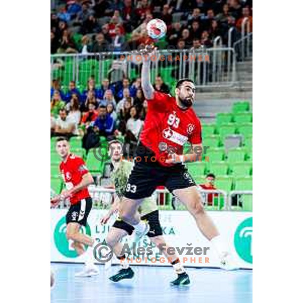Stefan Zabic of RD LL Grosist Slovan in actioin during EHF European League Men 2025/26 group match between RK LL Grosist Slovan (SLO) and SAH Aarhus (DEN) in Arena Stozice, Ljubljana, Slovenia on December 2, 2025