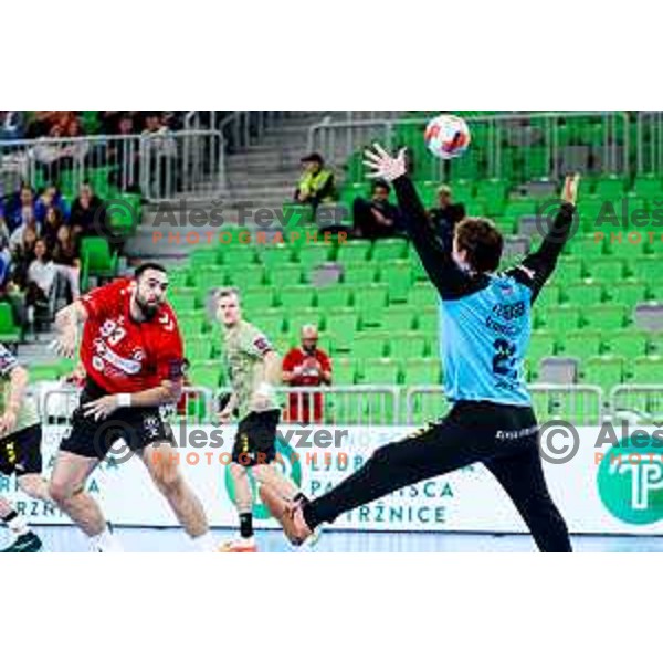 Stefan Zabic of RD LL Grosist Slovan in actioin during EHF European League Men 2025/26 group match between RK LL Grosist Slovan (SLO) and SAH Aarhus (DEN) in Arena Stozice, Ljubljana, Slovenia on December 2, 2025