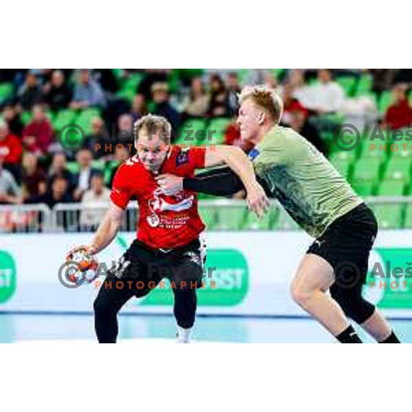 Stas Skube of RD LL Grosist Slovan in action during EHF European League Men 2025/26 group match between RK LL Grosist Slovan (SLO) and SAH Aarhus (DEN) in Arena Stozice, Ljubljana, Slovenia on December 2, 2025