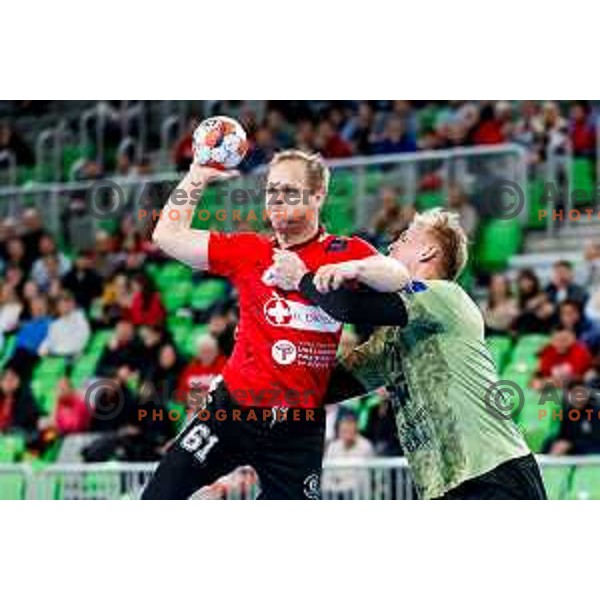 Stas Skube of RD LL Grosist Slovan in action during EHF European League Men 2025/26 group match between RK LL Grosist Slovan (SLO) and SAH Aarhus (DEN) in Arena Stozice, Ljubljana, Slovenia on December 2, 2025