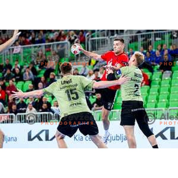 Leon Ljevar of RD LL Grosist Slovan in actioin during EHF European League Men 2025/26 group match between RK LL Grosist Slovan (SLO) and SAH Aarhus (DEN) in Arena Stozice, Ljubljana, Slovenia on December 2, 2025