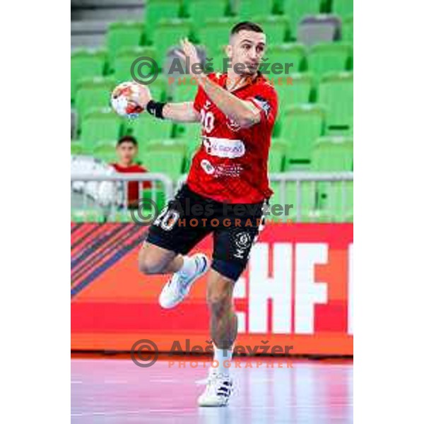 Tarik Mlivic of RD LL Grosist Slovan in actioin during EHF European League Men 2025/26 group match between RK LL Grosist Slovan (SLO) and SAH Aarhus (DEN) in Arena Stozice, Ljubljana, Slovenia on December 2, 2025