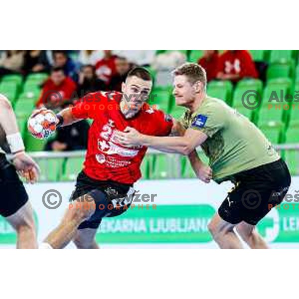 Leon Ljevar of RD LL Grosist Slovan in actioin during EHF European League Men 2025/26 group match between RK LL Grosist Slovan (SLO) and SAH Aarhus (DEN) in Arena Stozice, Ljubljana, Slovenia on December 2, 2025