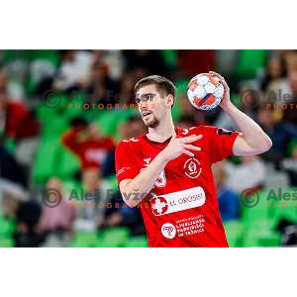 Tadej Kljun of RD LL Grosist Slovan in actioin during EHF European League Men 2025/26 group match between RK LL Grosist Slovan (SLO) and SAH Aarhus (DEN) in Arena Stozice, Ljubljana, Slovenia on December 2, 2025