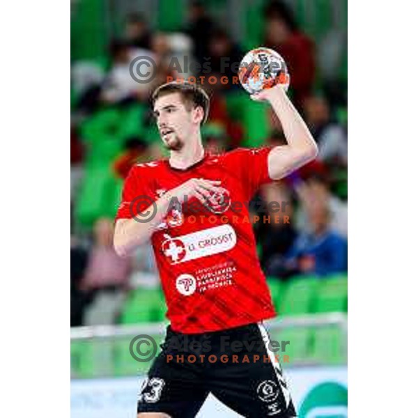 Tadej Kljun of RD LL Grosist Slovan in actioin during EHF European League Men 2025/26 group match between RK LL Grosist Slovan (SLO) and SAH Aarhus (DEN) in Arena Stozice, Ljubljana, Slovenia on December 2, 2025