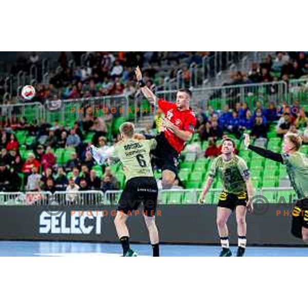 Tarik Mlivic of RD LL Grosist Slovan in actioin during EHF European League Men 2025/26 group match between RK LL Grosist Slovan (SLO) and SAH Aarhus (DEN) in Arena Stozice, Ljubljana, Slovenia on December 2, 2025