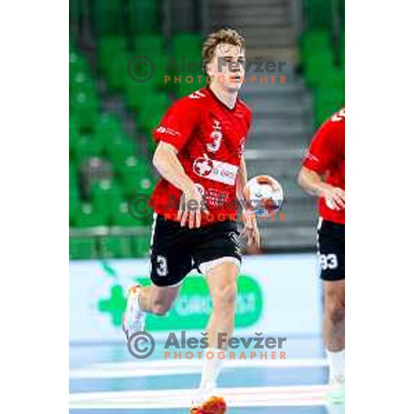Stas Slatinek Jovicic of RD LL Grosist Slovan in actioin during EHF European League Men 2025/26 group match between RK LL Grosist Slovan (SLO) and SAH Aarhus (DEN) in Arena Stozice, Ljubljana, Slovenia on December 2, 2025