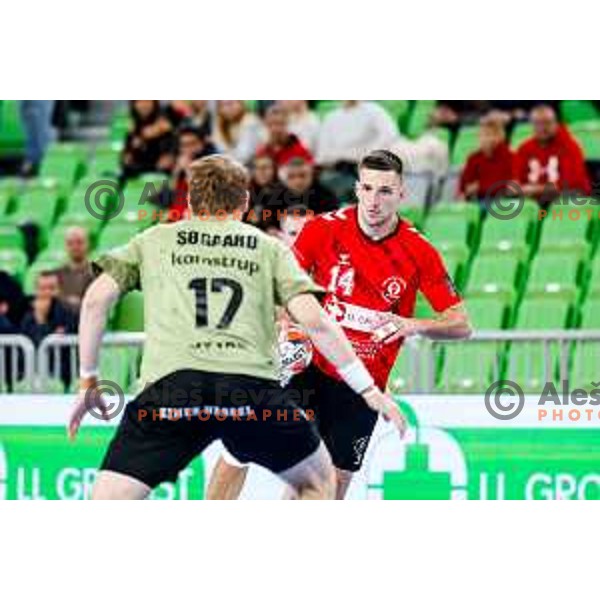 Leon Ljevar of RD LL Grosist Slovan in action during EHF European League Men 2025/26 group match between RK LL Grosist Slovan (SLO) and SAH Aarhus (DEN) in Arena Stozice, Ljubljana, Slovenia on December 2, 2025